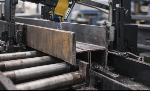 Horizontal metal bandsaw cutting an RSJ structural steel beam on roller supports in a fabrication workshop