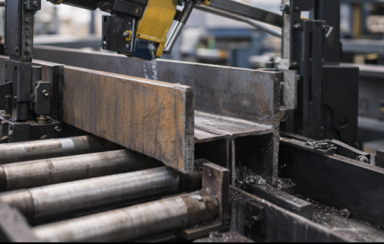 Horizontal metal bandsaw cutting an RSJ structural steel beam on roller supports in a fabrication workshop