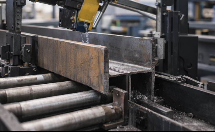 Horizontal metal bandsaw cutting an RSJ structural steel beam on roller supports in a fabrication workshop