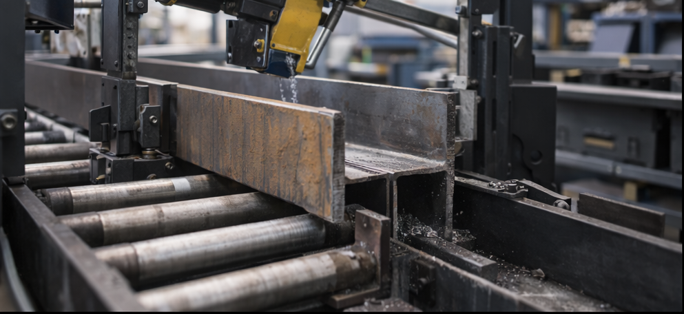 Horizontal metal bandsaw cutting an RSJ structural steel beam on roller supports in a fabrication workshop