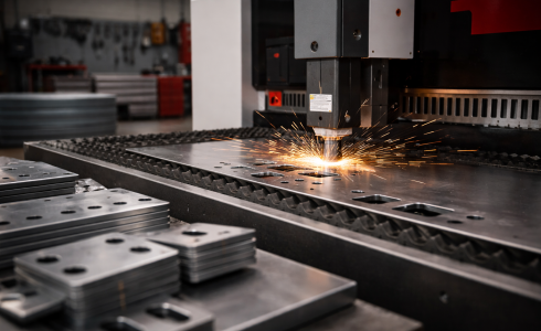 A clean, minimal close-up of a fibre laser cutting head cutting a single sheet of metal. Focus on one precise cut line with a few subtle sparks. The composition should be simple and uncluttered, with most of the frame dedicated to the cutting area and smooth metal surface. Background softly blurred industrial workshop. Neutral metallic tones, soft controlled lighting.