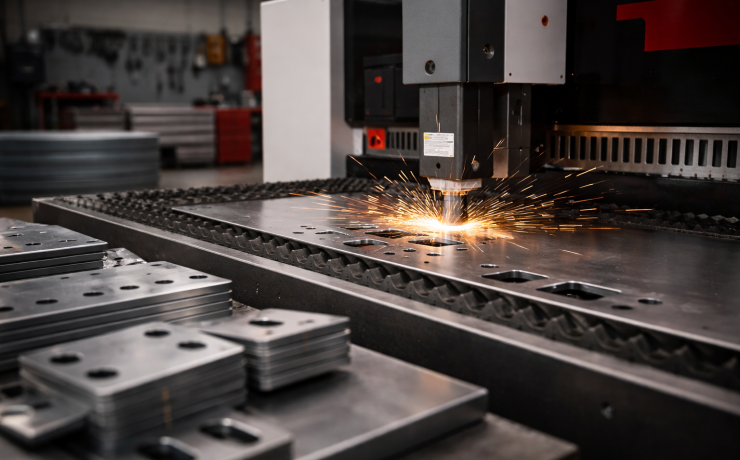 A clean, minimal close-up of a fibre laser cutting head cutting a single sheet of metal. Focus on one precise cut line with a few subtle sparks. The composition should be simple and uncluttered, with most of the frame dedicated to the cutting area and smooth metal surface. Background softly blurred industrial workshop. Neutral metallic tones, soft controlled lighting.
