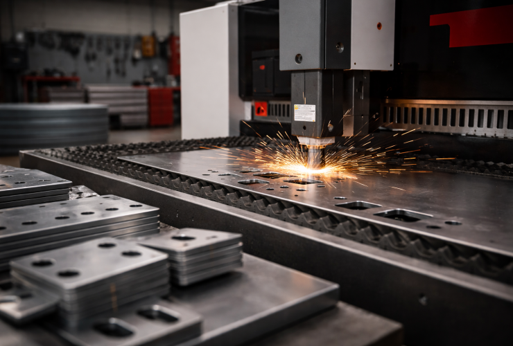 A clean, minimal close-up of a fibre laser cutting head cutting a single sheet of metal. Focus on one precise cut line with a few subtle sparks. The composition should be simple and uncluttered, with most of the frame dedicated to the cutting area and smooth metal surface. Background softly blurred industrial workshop. Neutral metallic tones, soft controlled lighting.
