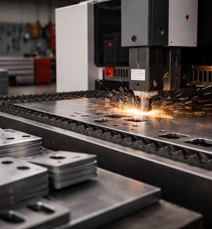 A clean, minimal close-up of a fibre laser cutting head cutting a single sheet of metal. Focus on one precise cut line with a few subtle sparks. The composition should be simple and uncluttered, with most of the frame dedicated to the cutting area and smooth metal surface. Background softly blurred industrial workshop. Neutral metallic tones, soft controlled lighting.