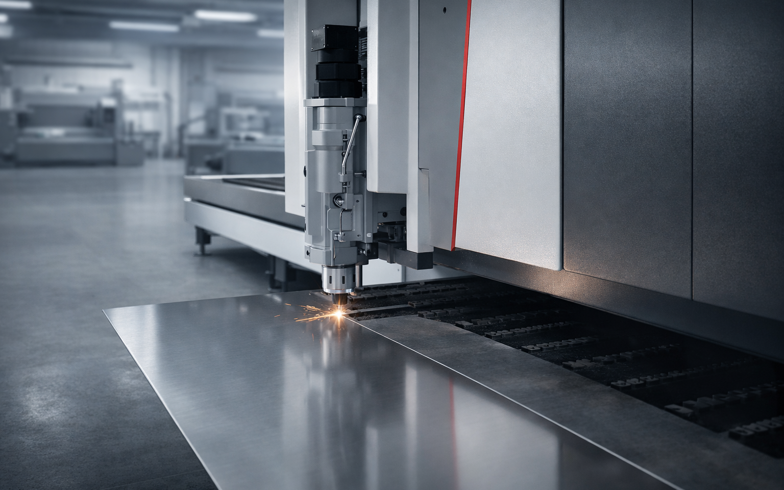 : A contemporary fibre laser cutting machine positioned slightly off-centre, cutting a thin stainless steel sheet with a tight, highly precise cutting point.