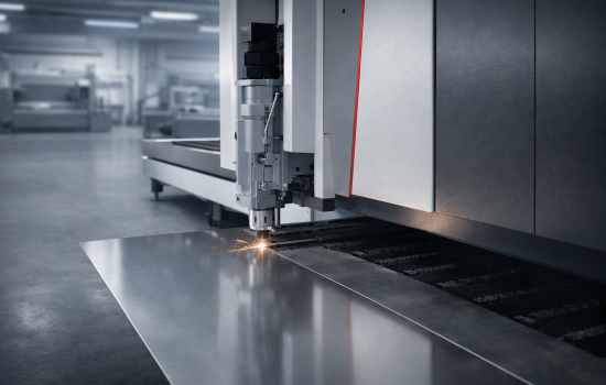 : A contemporary fibre laser cutting machine positioned slightly off-centre, cutting a thin stainless steel sheet with a tight, highly precise cutting point.