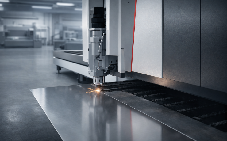 : A contemporary fibre laser cutting machine positioned slightly off-centre, cutting a thin stainless steel sheet with a tight, highly precise cutting point.