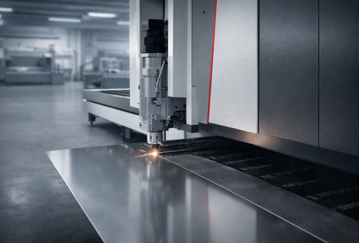 : A contemporary fibre laser cutting machine positioned slightly off-centre, cutting a thin stainless steel sheet with a tight, highly precise cutting point.