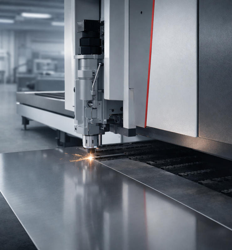 : A contemporary fibre laser cutting machine positioned slightly off-centre, cutting a thin stainless steel sheet with a tight, highly precise cutting point.
