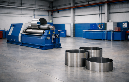 A premium industrial feature image set inside a clean, modern fabrication workshop, showing two large metal-forming machines from a slight angle with partially visible rollers and rolled steel sections nearby to suggest capability and comparison without highlighting exact technical configurations. The scene should communicate precision engineering, reliable machinery and professional workshop standards. Use polished metal surfaces, neutral industrial tones and subtle blue and red accents inspired by AFM Europe branding. Style should feel like high-end B2B machinery marketing photography, realistic, sharp and spacious, with uncluttered composition.