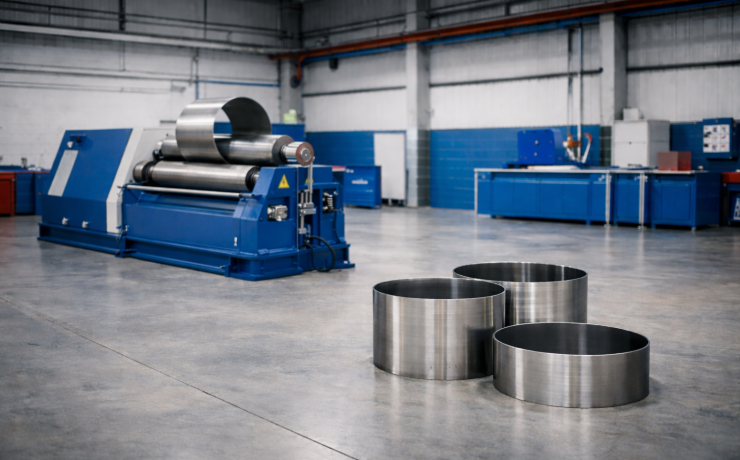 A premium industrial feature image set inside a clean, modern fabrication workshop, showing two large metal-forming machines from a slight angle with partially visible rollers and rolled steel sections nearby to suggest capability and comparison without highlighting exact technical configurations. The scene should communicate precision engineering, reliable machinery and professional workshop standards. Use polished metal surfaces, neutral industrial tones and subtle blue and red accents inspired by AFM Europe branding. Style should feel like high-end B2B machinery marketing photography, realistic, sharp and spacious, with uncluttered composition.
