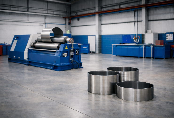 A premium industrial feature image set inside a clean, modern fabrication workshop, showing two large metal-forming machines from a slight angle with partially visible rollers and rolled steel sections nearby to suggest capability and comparison without highlighting exact technical configurations. The scene should communicate precision engineering, reliable machinery and professional workshop standards. Use polished metal surfaces, neutral industrial tones and subtle blue and red accents inspired by AFM Europe branding. Style should feel like high-end B2B machinery marketing photography, realistic, sharp and spacious, with uncluttered composition.