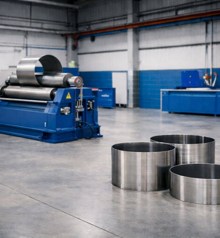 A premium industrial feature image set inside a clean, modern fabrication workshop, showing two large metal-forming machines from a slight angle with partially visible rollers and rolled steel sections nearby to suggest capability and comparison without highlighting exact technical configurations. The scene should communicate precision engineering, reliable machinery and professional workshop standards. Use polished metal surfaces, neutral industrial tones and subtle blue and red accents inspired by AFM Europe branding. Style should feel like high-end B2B machinery marketing photography, realistic, sharp and spacious, with uncluttered composition.