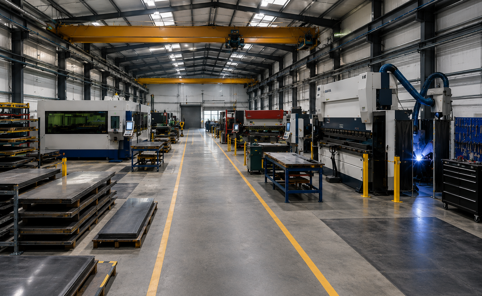 Modern metal fabrication workshop with organised machine layout, overhead cranes, welding bays and clear safety walkways.