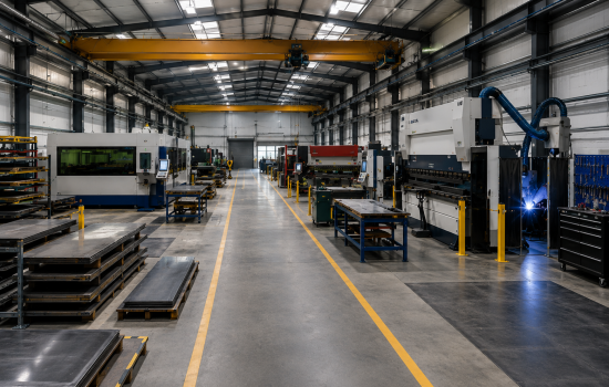 Modern metal fabrication workshop with organised machine layout, overhead cranes, welding bays and clear safety walkways.