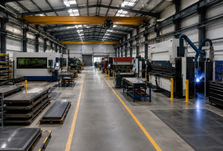 Modern metal fabrication workshop with organised machine layout, overhead cranes, welding bays and clear safety walkways.