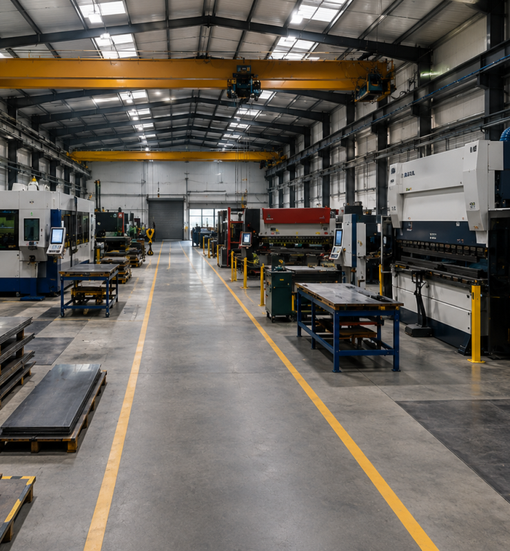 Modern metal fabrication workshop with organised machine layout, overhead cranes, welding bays and clear safety walkways.
