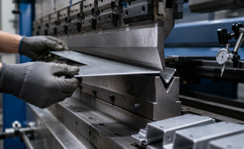 close-up of sheet metal being bent between press brake tooling, with the machine, operator hands, and measuring equipment subtly visible.