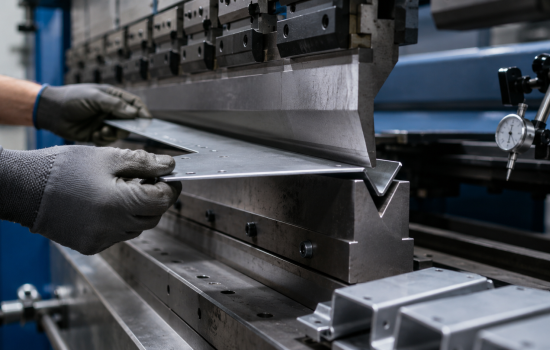 close-up of sheet metal being bent between press brake tooling, with the machine, operator hands, and measuring equipment subtly visible.