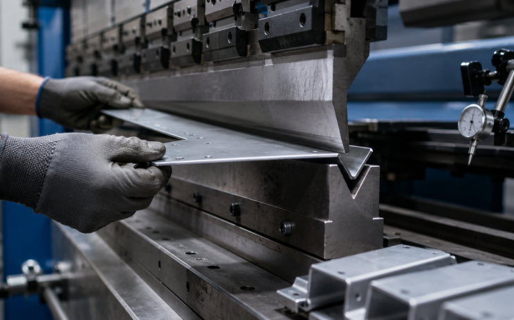 close-up of sheet metal being bent between press brake tooling, with the machine, operator hands, and measuring equipment subtly visible.