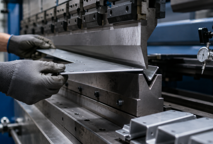 close-up of sheet metal being bent between press brake tooling, with the machine, operator hands, and measuring equipment subtly visible.
