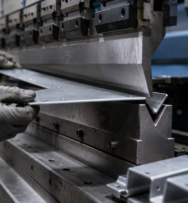 close-up of sheet metal being bent between press brake tooling, with the machine, operator hands, and measuring equipment subtly visible.