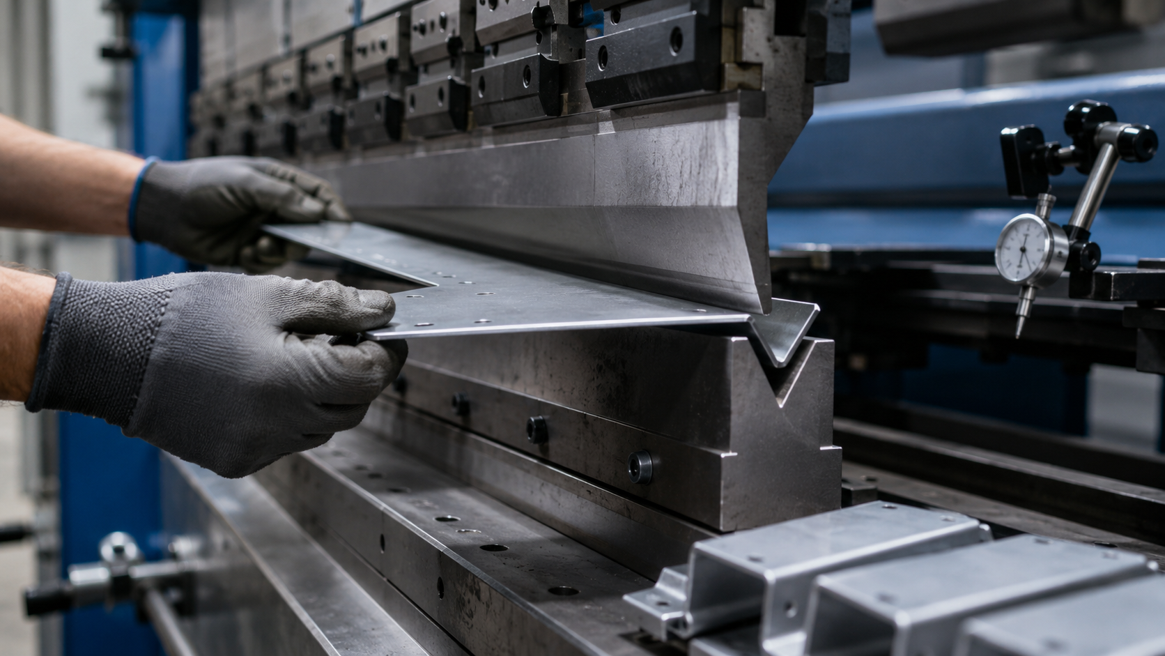 close-up of sheet metal being bent between press brake tooling, with the machine, operator hands, and measuring equipment subtly visible.
